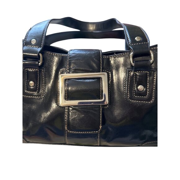 Peck & Peck Black Faux Leather Satchel With Silver Buckle Detail & Multiple Comp - Picture 6 of 11